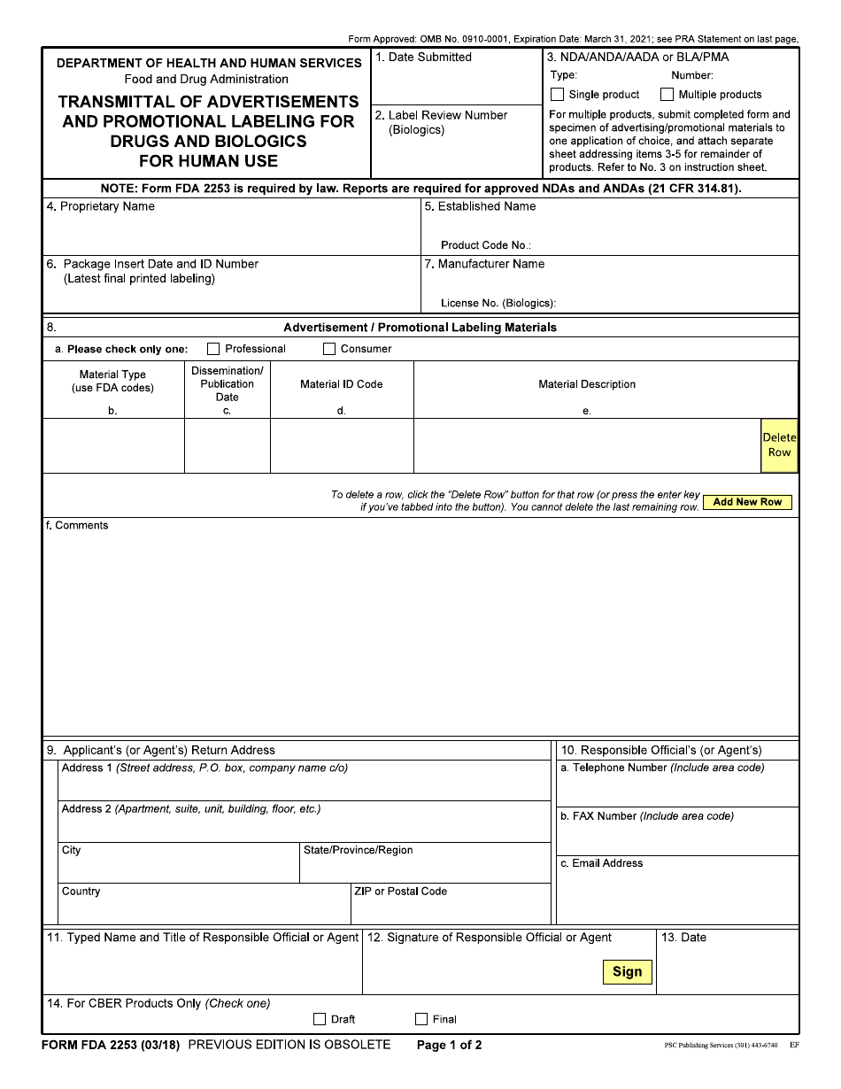 Form FDA2253 Transmittal of Advertisements and Promotional Labeling for Drugs and Biologics for Human Use, Page 1