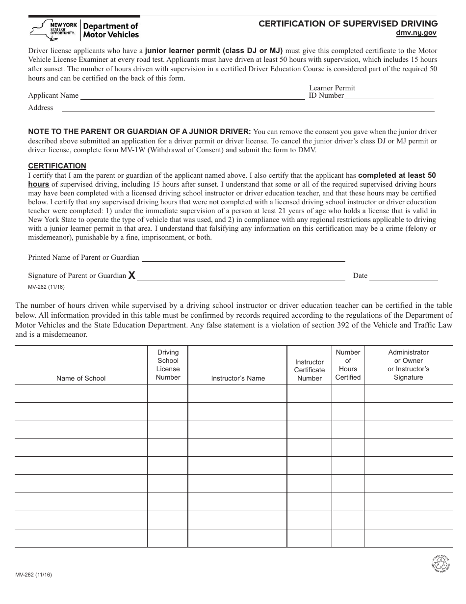 Form MV-262 Certification of Supervised Driving - New York, Page 1