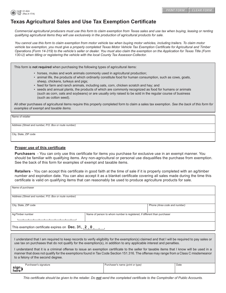 Form 01-924 Texas Agricultural Sales and Use Tax Exemption Certificate - Texas, Page 1