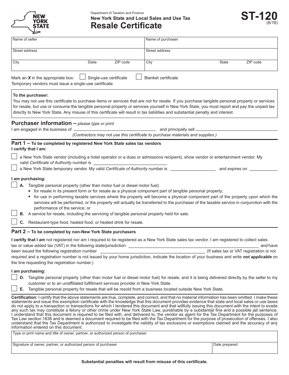 Form ST-120 Resale Certificate - New York, Page 1