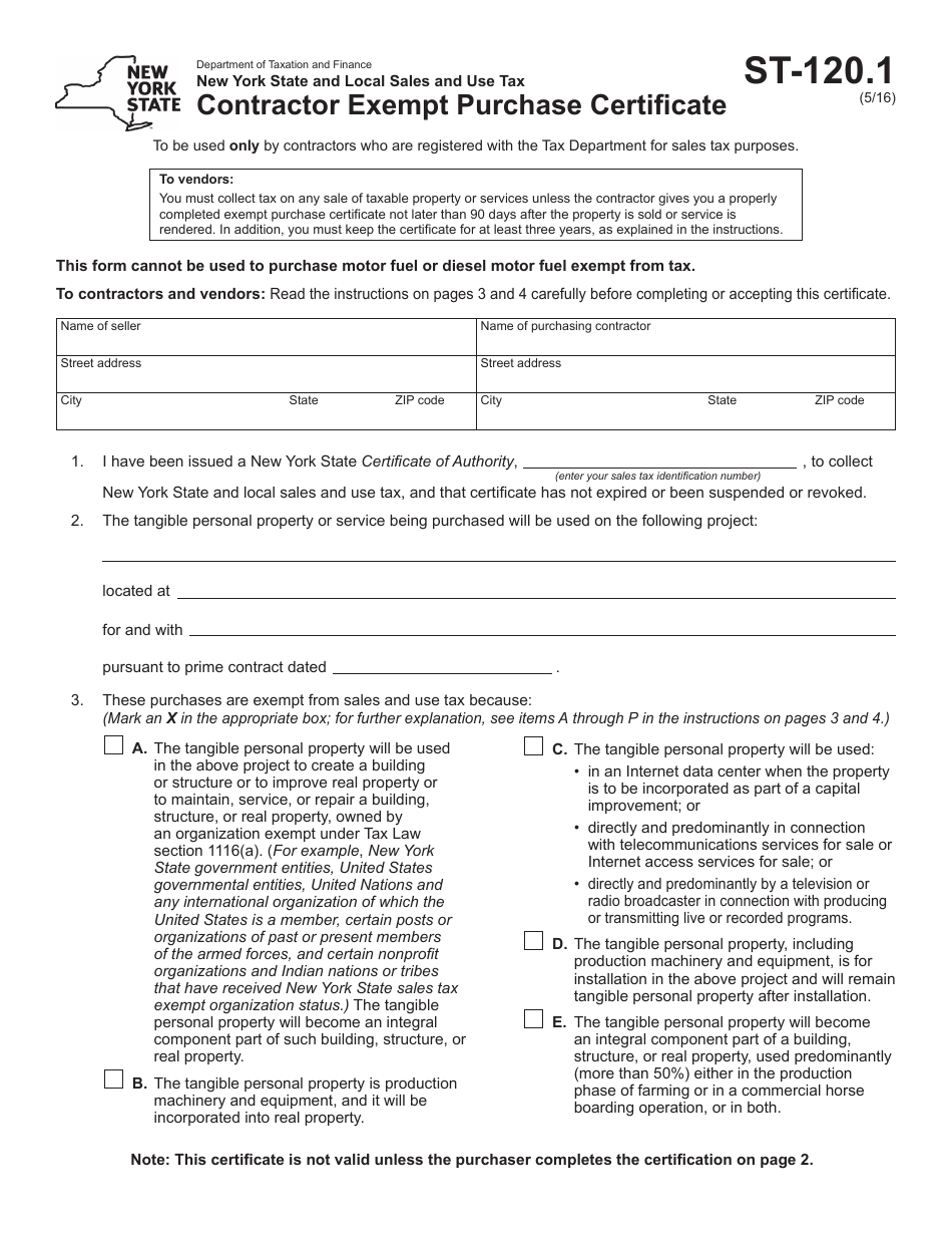 Form ST-120.1 Contractor Exempt Purchase Certificate - New York, Page 1