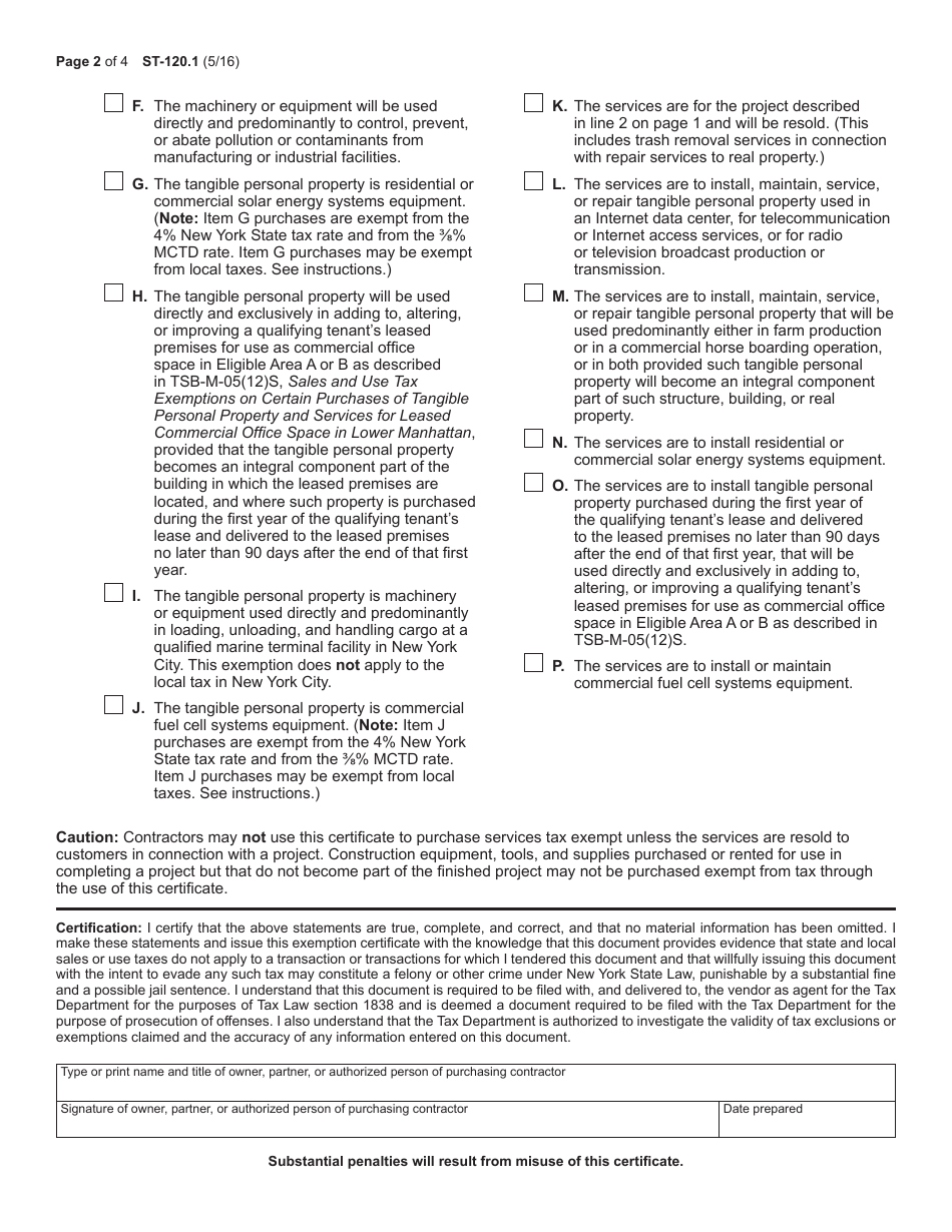 Form ST-120.1 Contractor Exempt Purchase Certificate - New York, Page 2