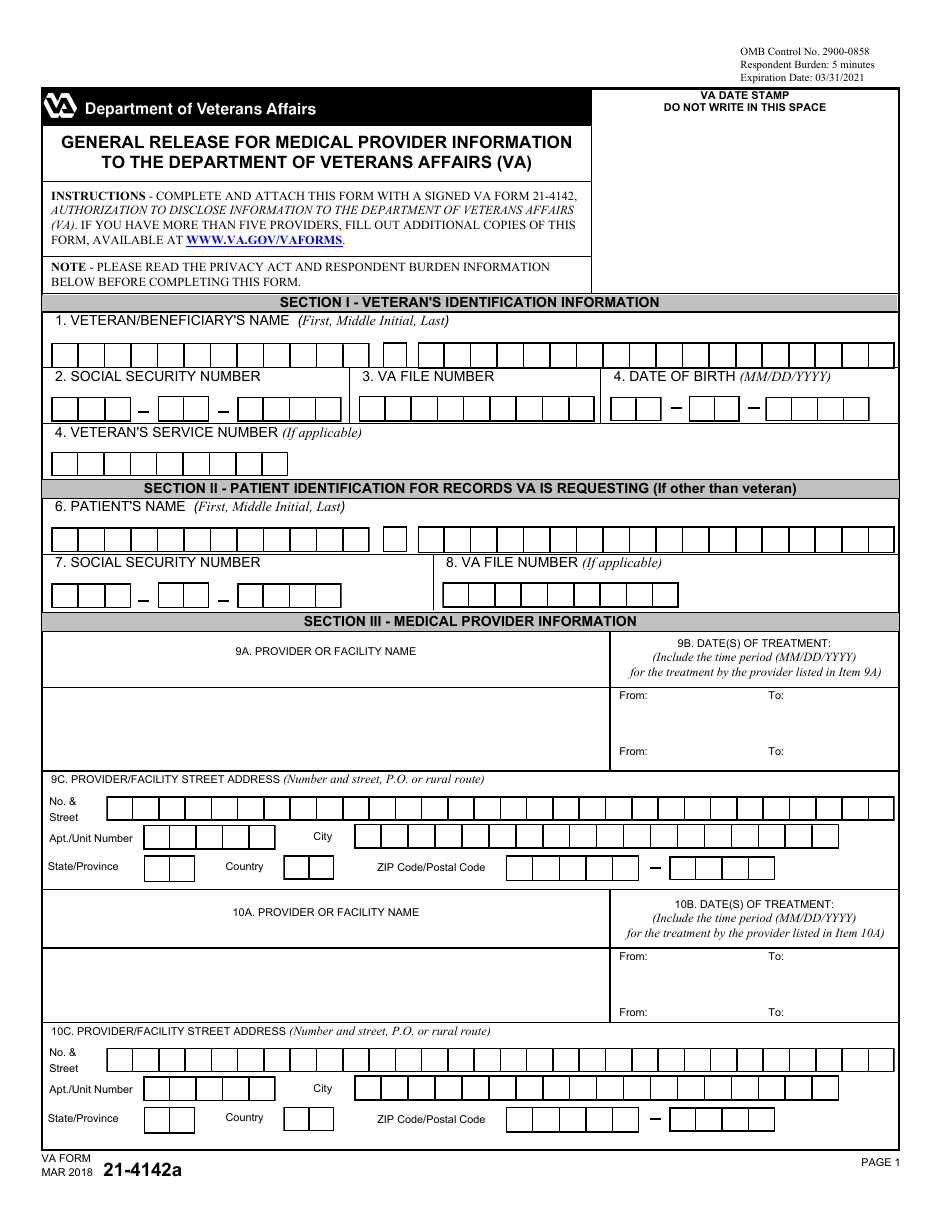 VA Form 21-4142A General Release for Medical Provider Information to the Department of Veteran Affairs (VA), Page 1