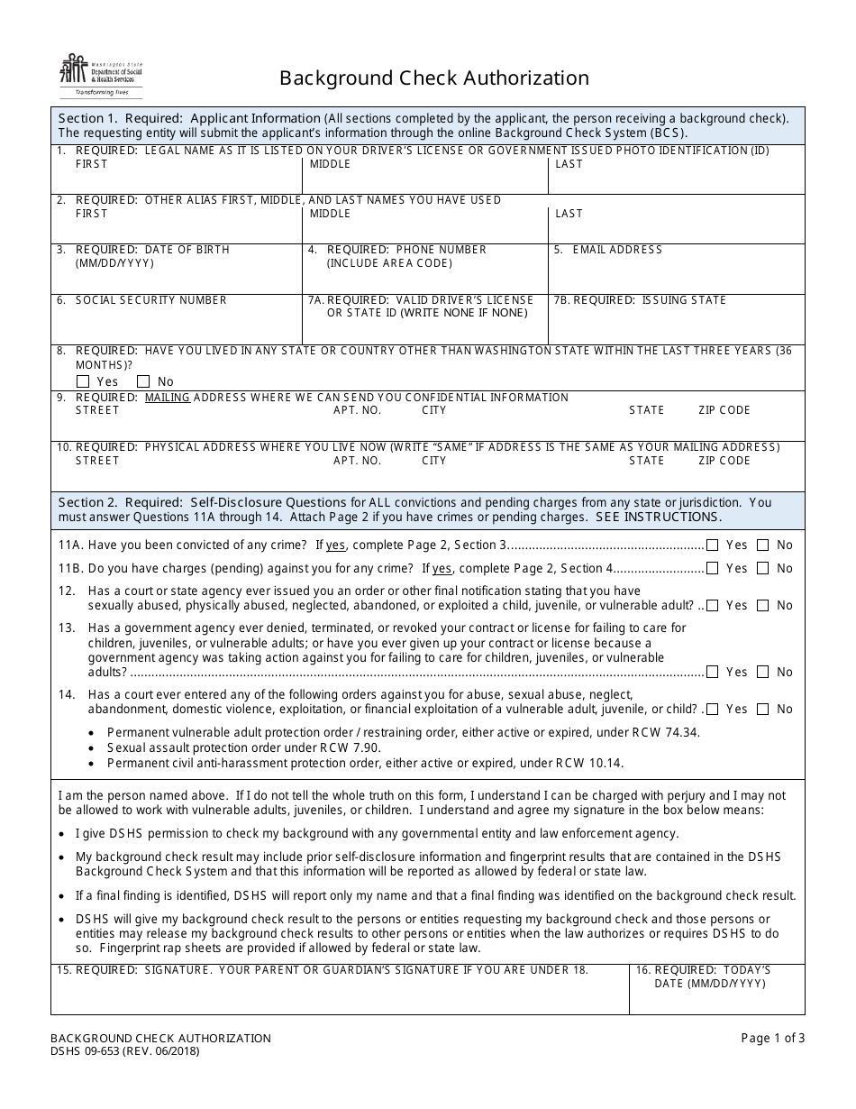 DSHS Form 10-217 Background Check Authorization - Washington, Page 1