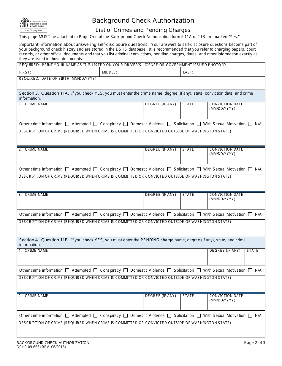 DSHS Form 10-217 Background Check Authorization - Washington, Page 2