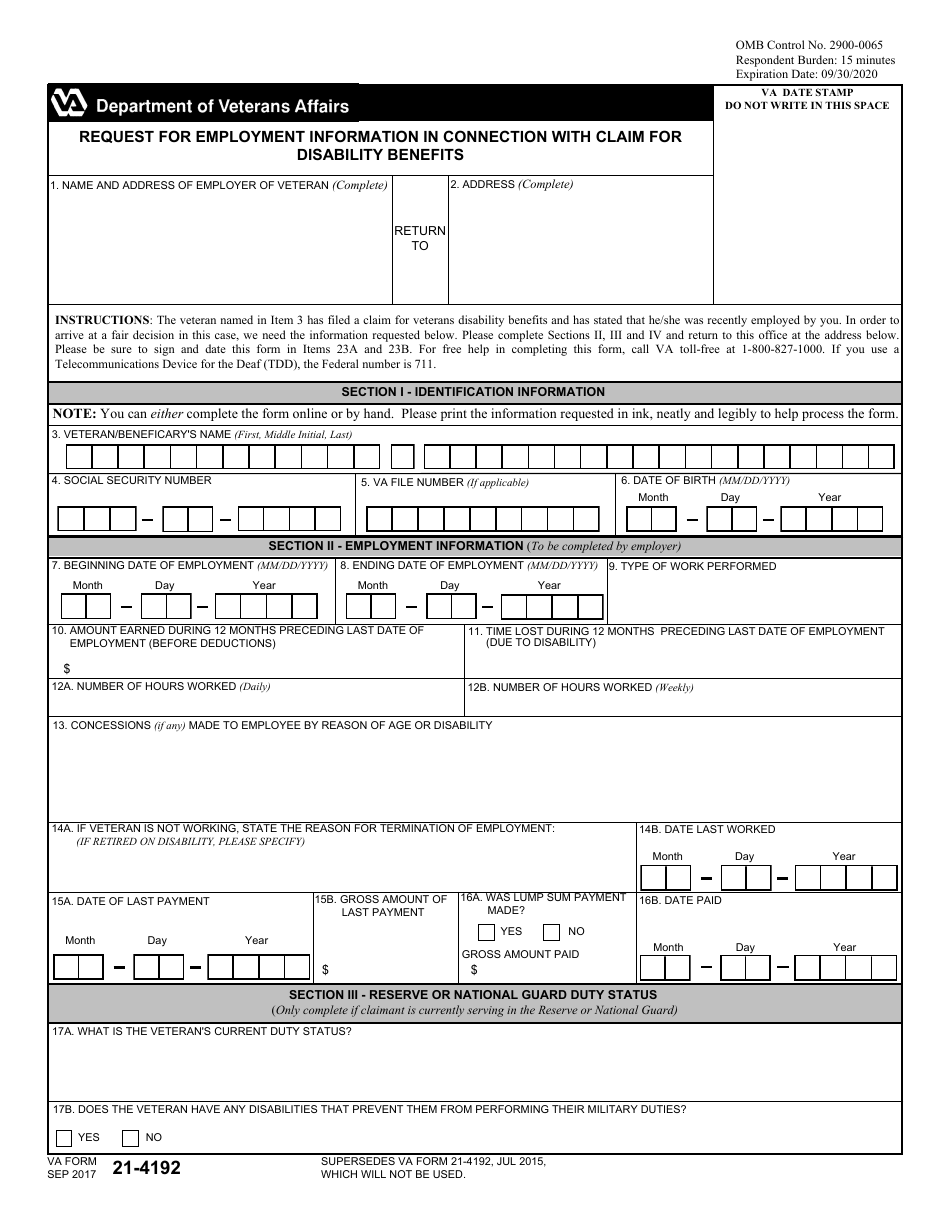 VA Form 21-4192 Request for Employment Information in Connection With Claim for Disability Benefits, Page 1