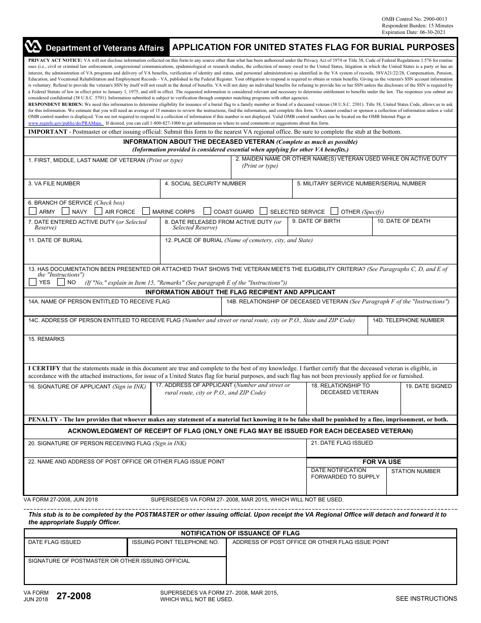 VA Form 27-2008 Application for United States Flag for Burial Purposes, Page 1