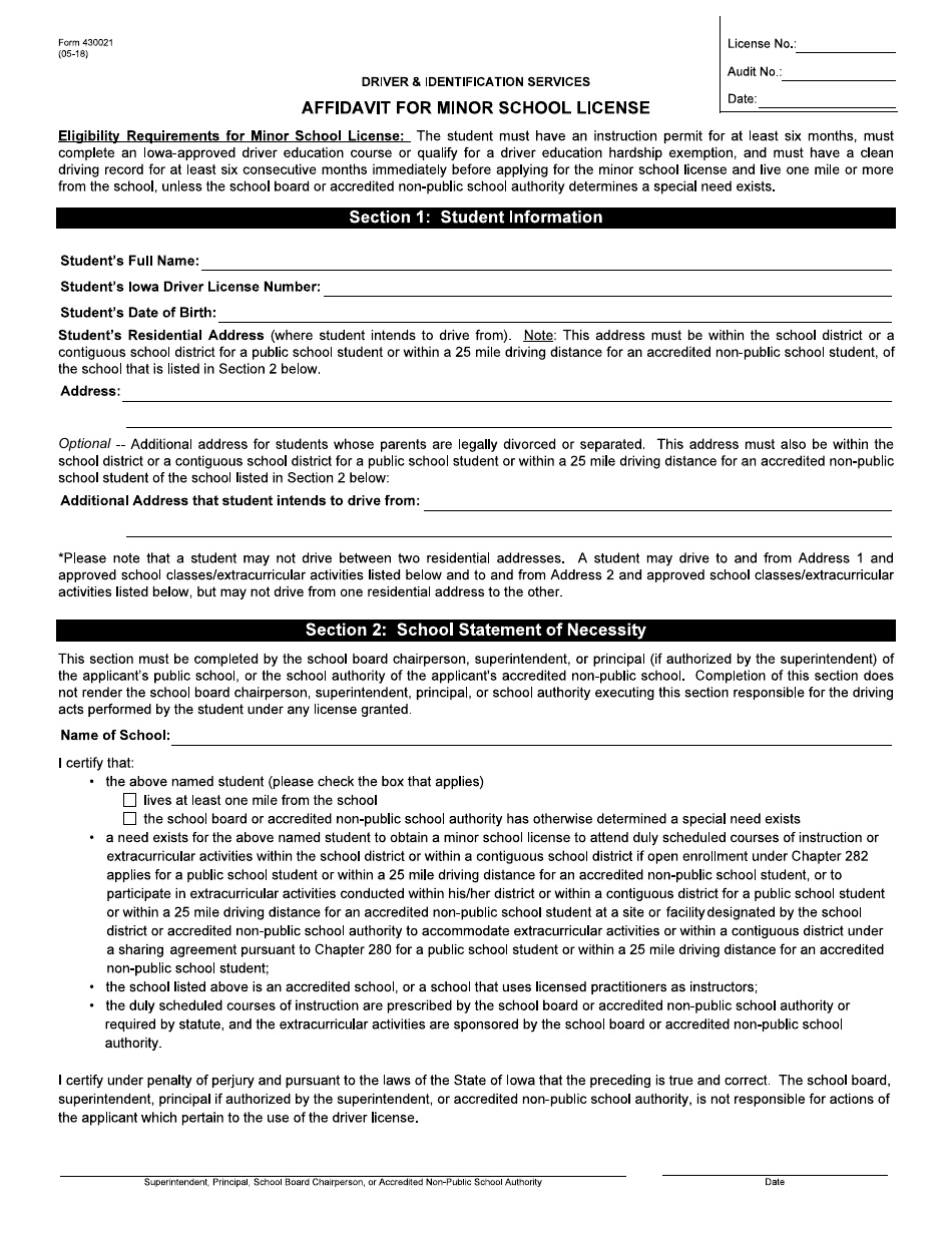 Form 430021 Affidavit for Minor School License - Iowa, Page 1
