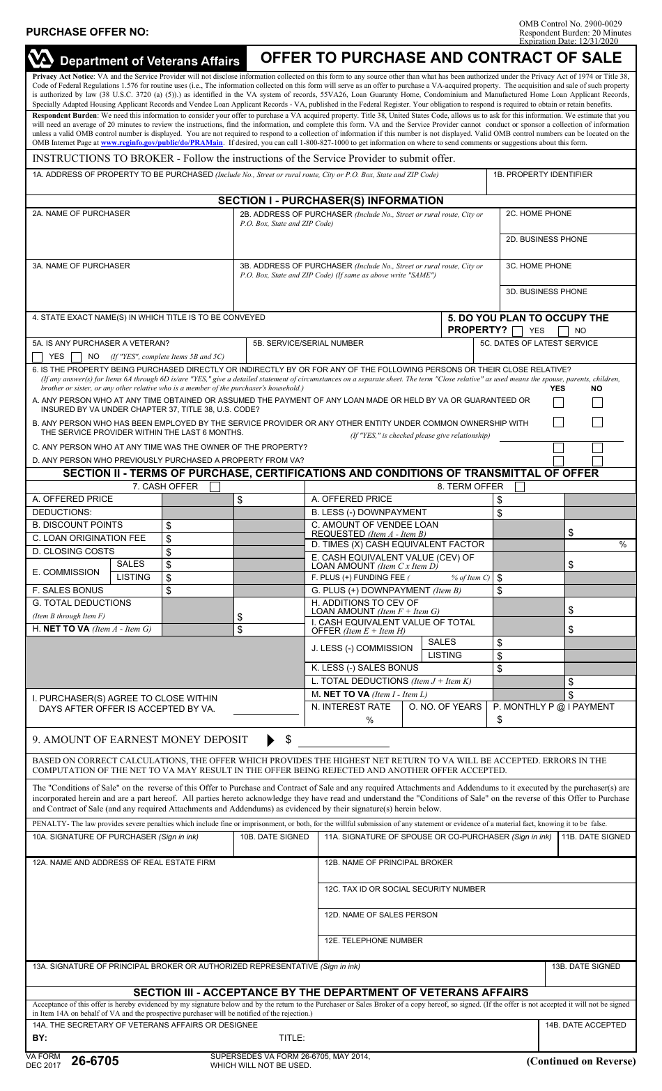VA Form 26-6705 Offer to Purchase and Contract of Sale, Page 1