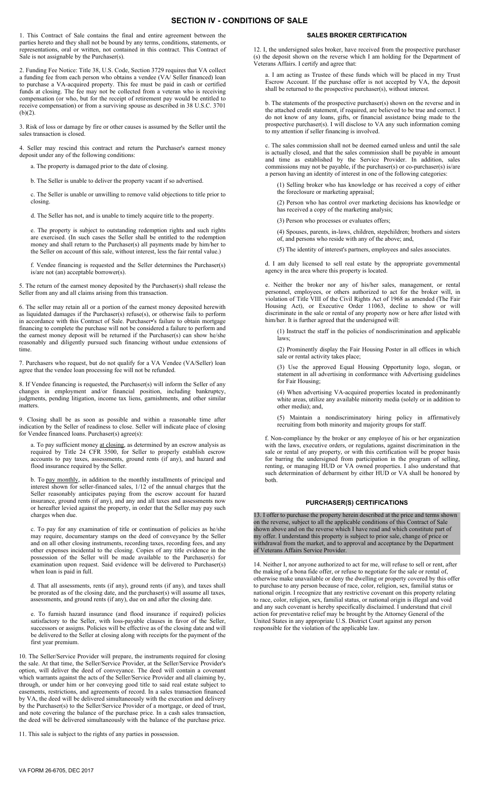 VA Form 26-6705 Offer to Purchase and Contract of Sale, Page 2