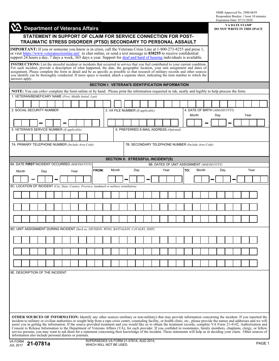 VA Form 21-0781A Statement in Support of Claim for Service Connection for Posttraumatic Stress Disorder (PTSD) Secondary to Personal Assault, Page 1