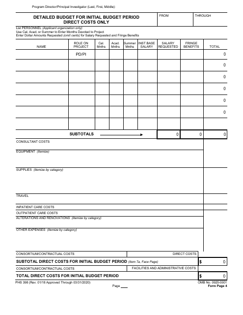 Form PHS398 Detailed Budget for Initial Budget Period Direct Costs Only