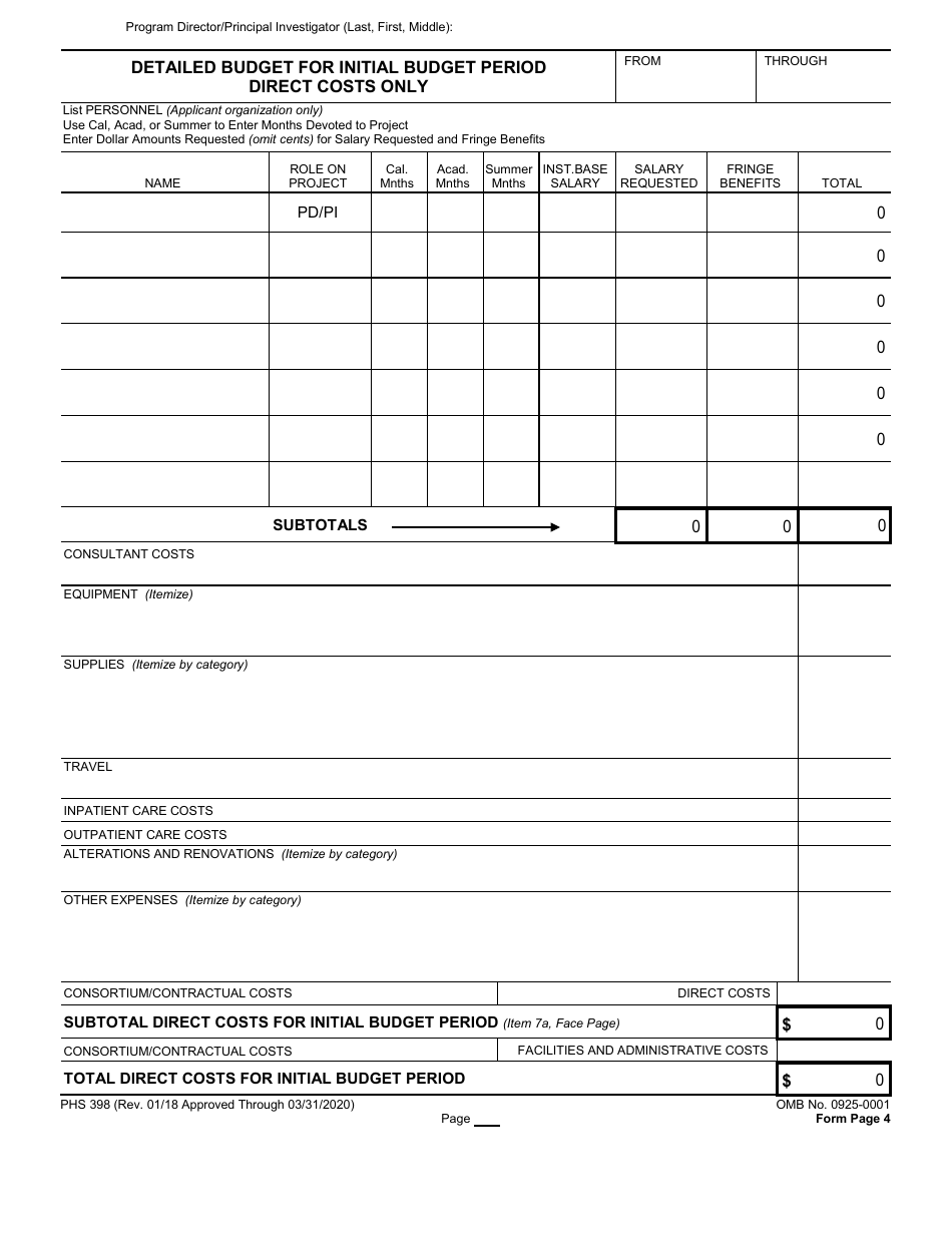 Form PHS398 Detailed Budget for Initial Budget Period Direct Costs Only, Page 1