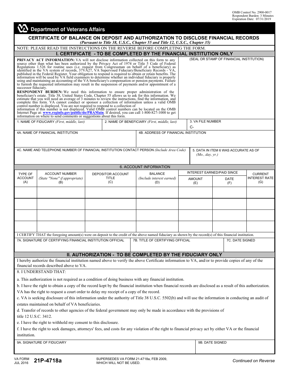 VA Form 21P-4718a Certificate of Balance on Deposit and Authorization to Disclose Financial Records, Page 1