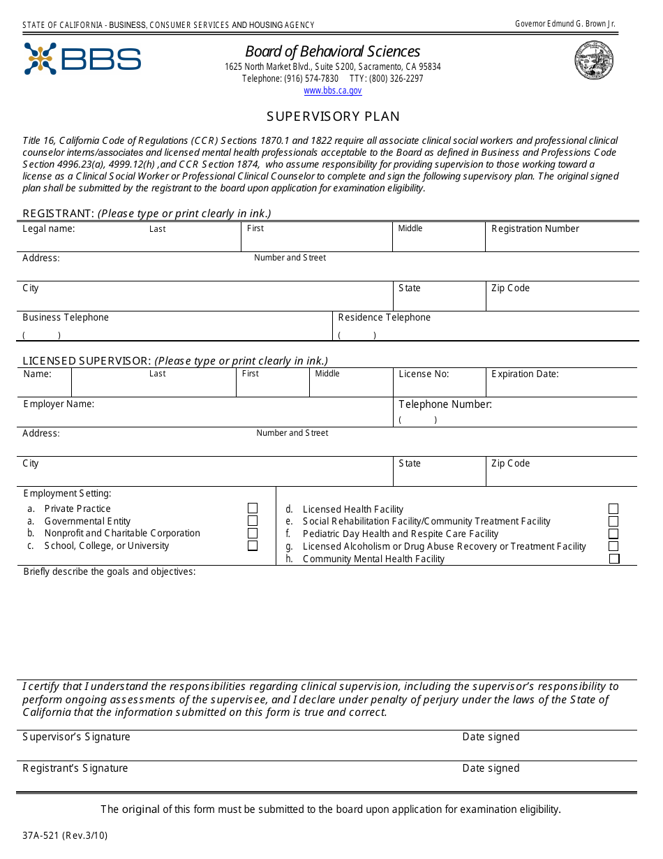 Form 37A-521 Supervisory Plan - California, Page 1