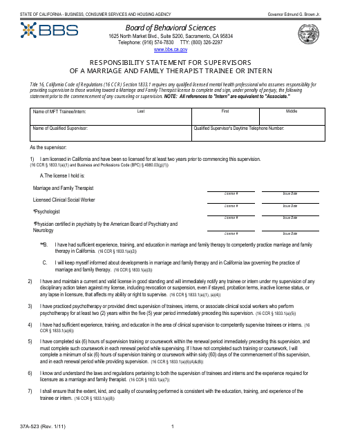 Form 37A-523 Responsibility Statement for Supervisors of a Marriage and Family Therapist Trainee or Intern - California