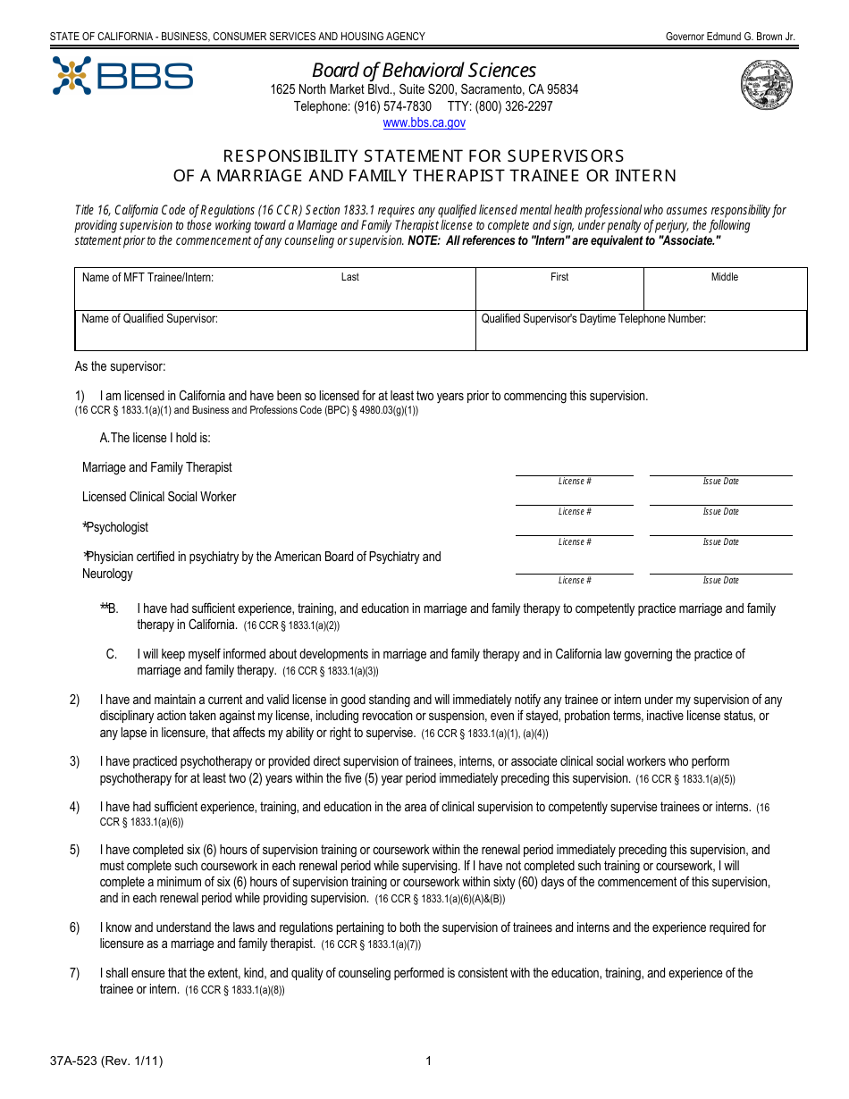 Form 37A-523 Responsibility Statement for Supervisors of a Marriage and Family Therapist Trainee or Intern - California, Page 1