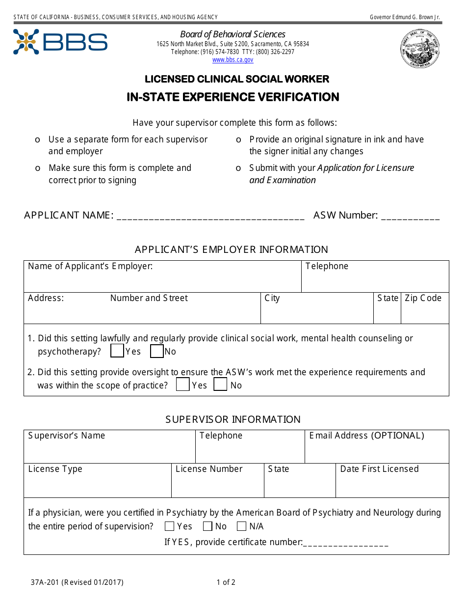 Form 37A-201 Licensed Clinical Social Worker - in-State Experience Verification - California, Page 1