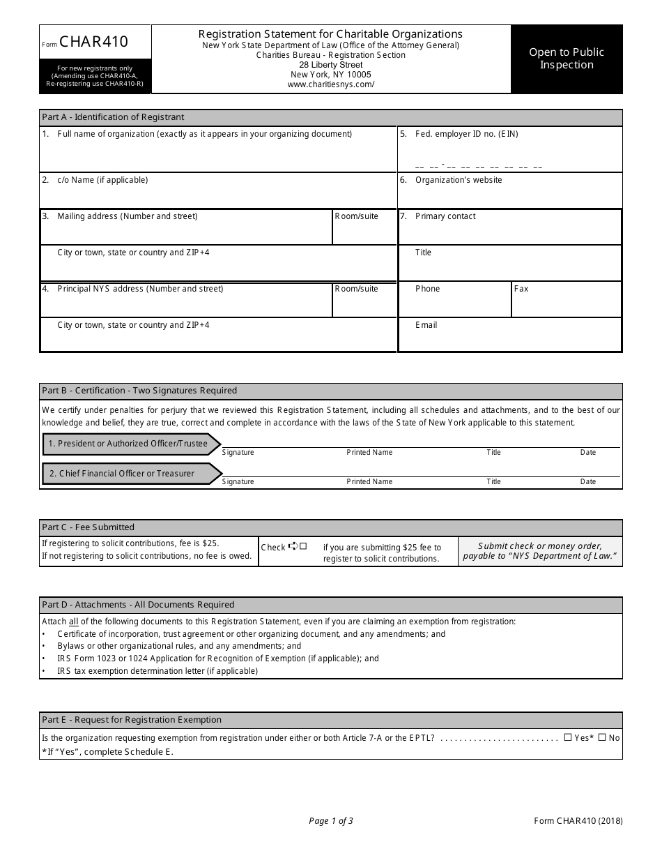 Form CHAR410 Registration Statement for Charitable Organizations - New York, Page 1