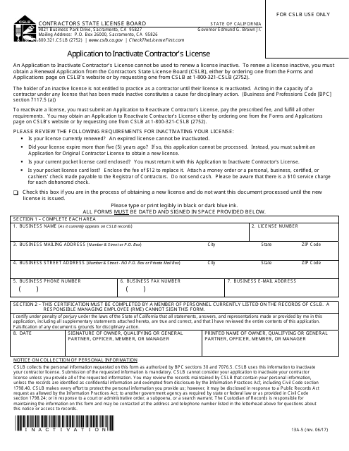 Form 13A-5 Application to Inactivate Contractor&#039;s License - California