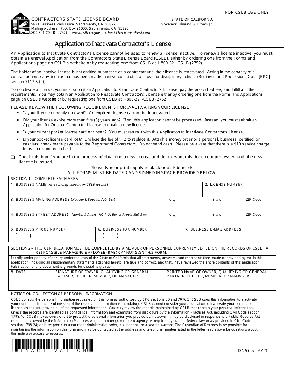 Form 13A-5 Application to Inactivate Contractors License - California, Page 1