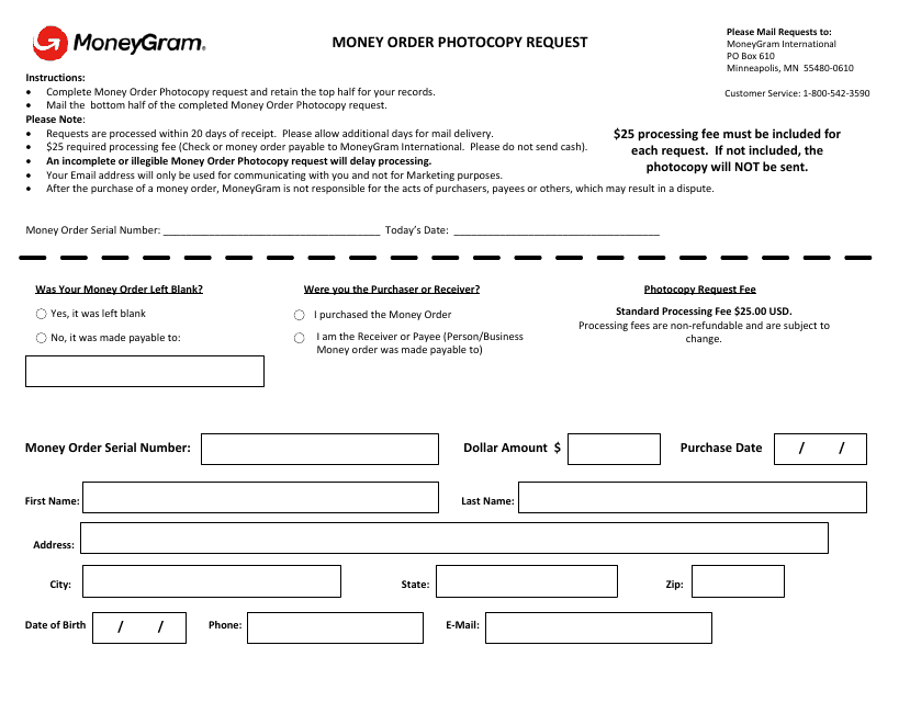 Money Order Photocopy Request - Moneygram Download Pdf