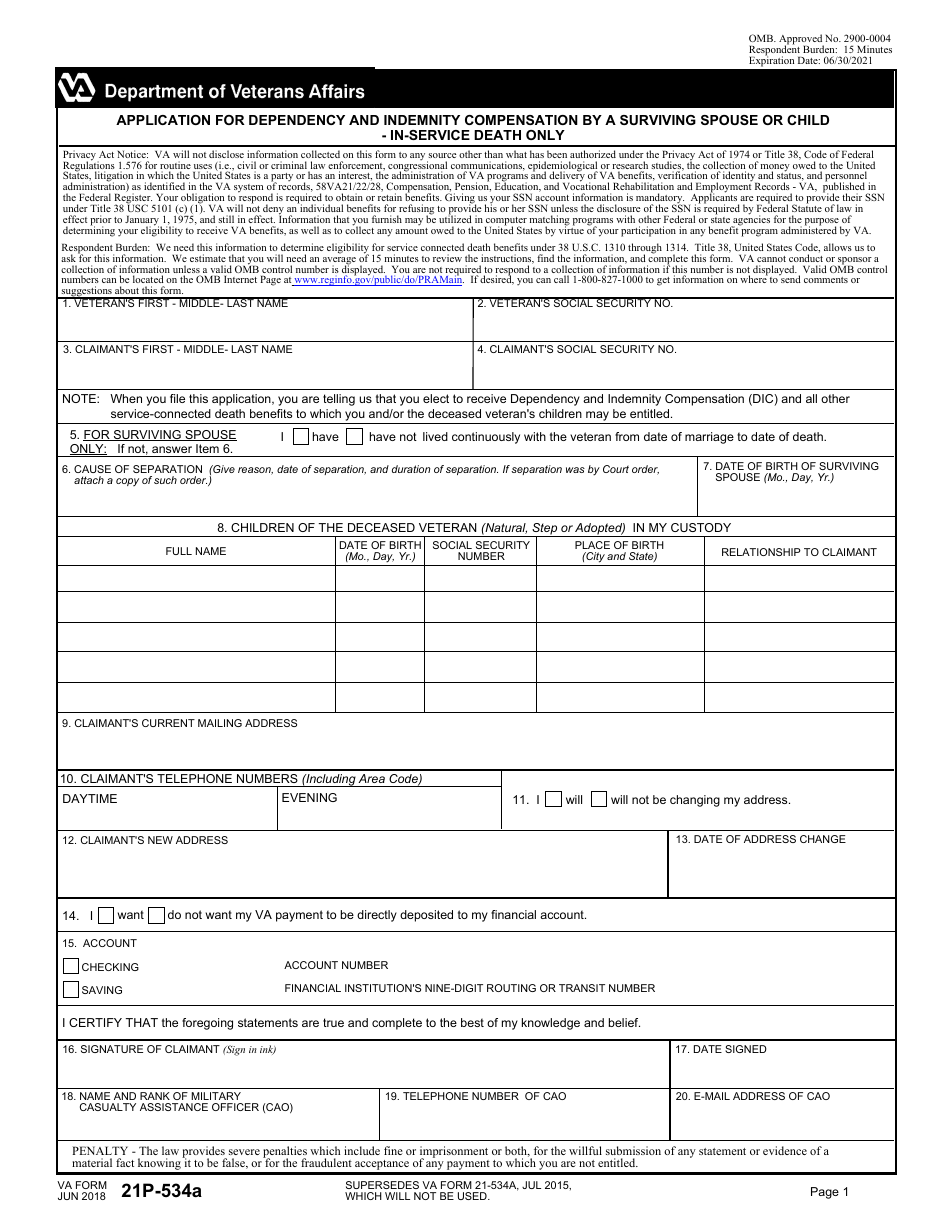 VA Form 21P-534A Application for Dependency and Indemnity Compensation by a Surviving Spouse or Child - In-Service Death Only, Page 1