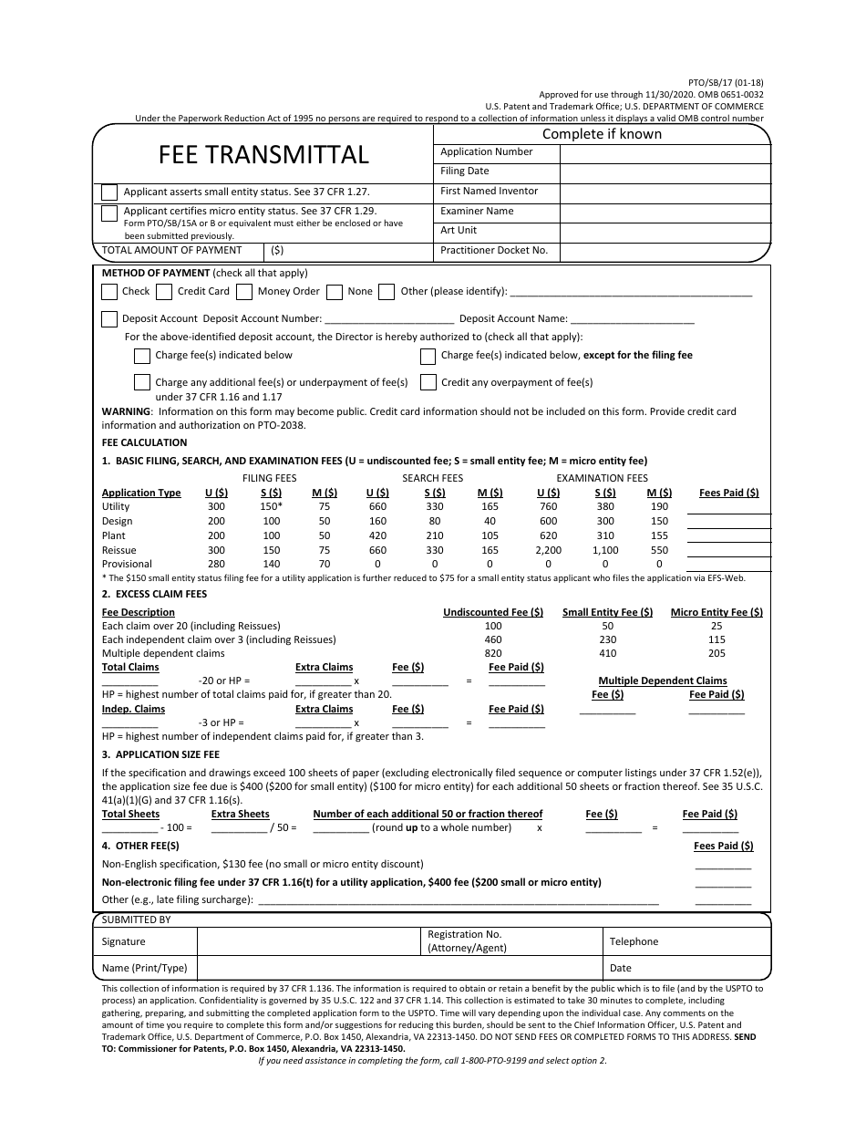 Form PTO / SB / 17 Fee Transmittal, Page 1