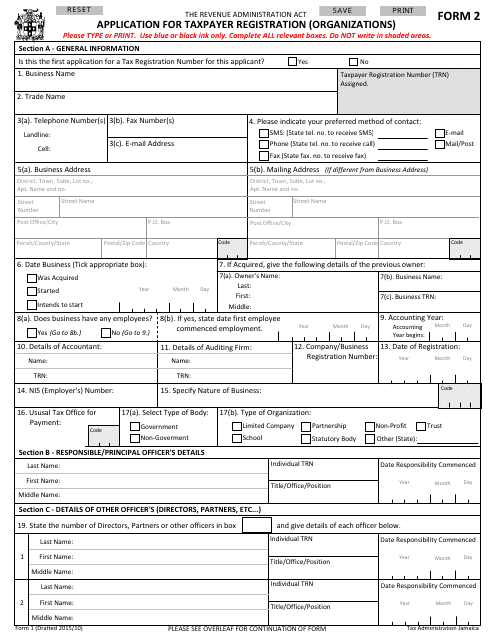 Form 2 Application for Taxpayer Registration (Organizations) - Jamaica