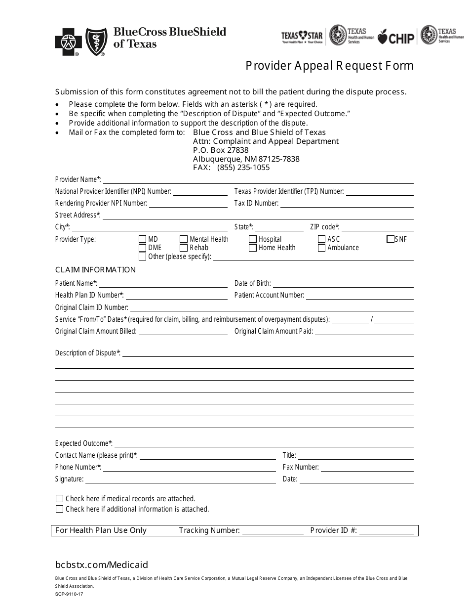 Form SCP-9110-17 Provider Appeal Request Form - Bluecross Blueshield of Texas - Texas, Page 1