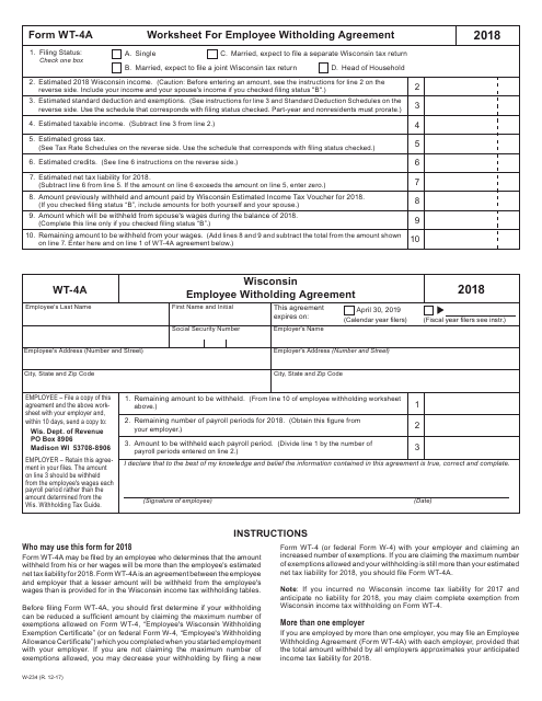 Form WT-4A Worksheet for Employee Witholding Agreement (W-234) - Wisconsin, 2018