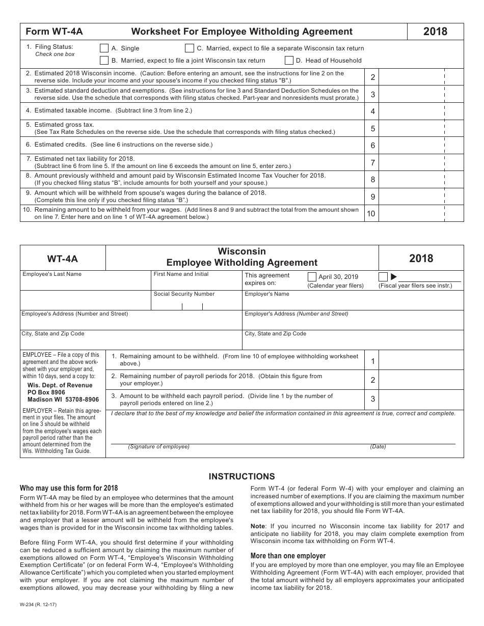 Form WT-4A Worksheet for Employee Witholding Agreement (W-234) - Wisconsin, Page 1