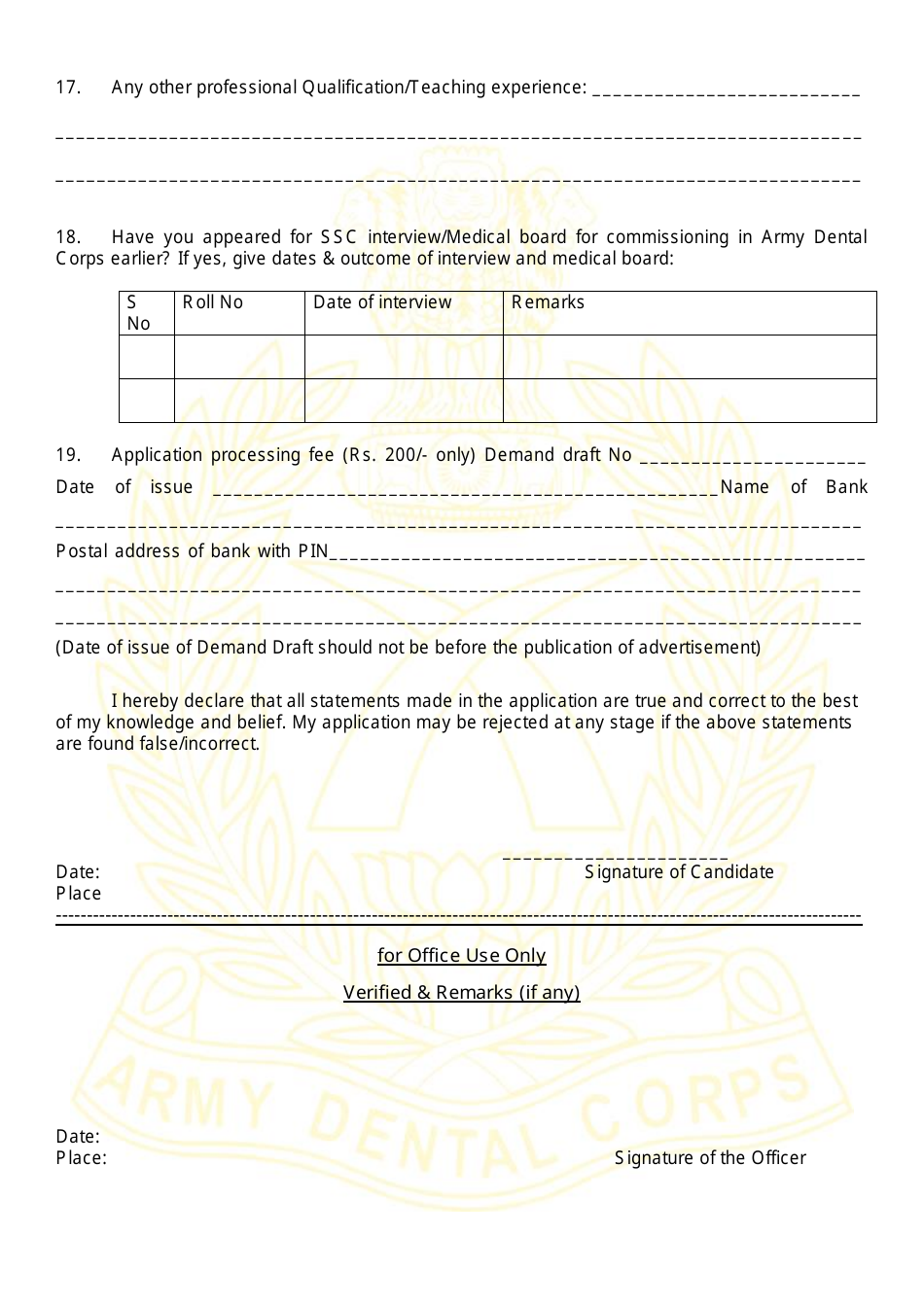 Application Form for Grant of Short Service Commission in Army Dental Corps - India, Page 18