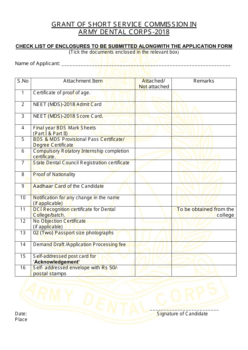 Application Form for Grant of Short Service Commission in Army Dental Corps - India, Page 19