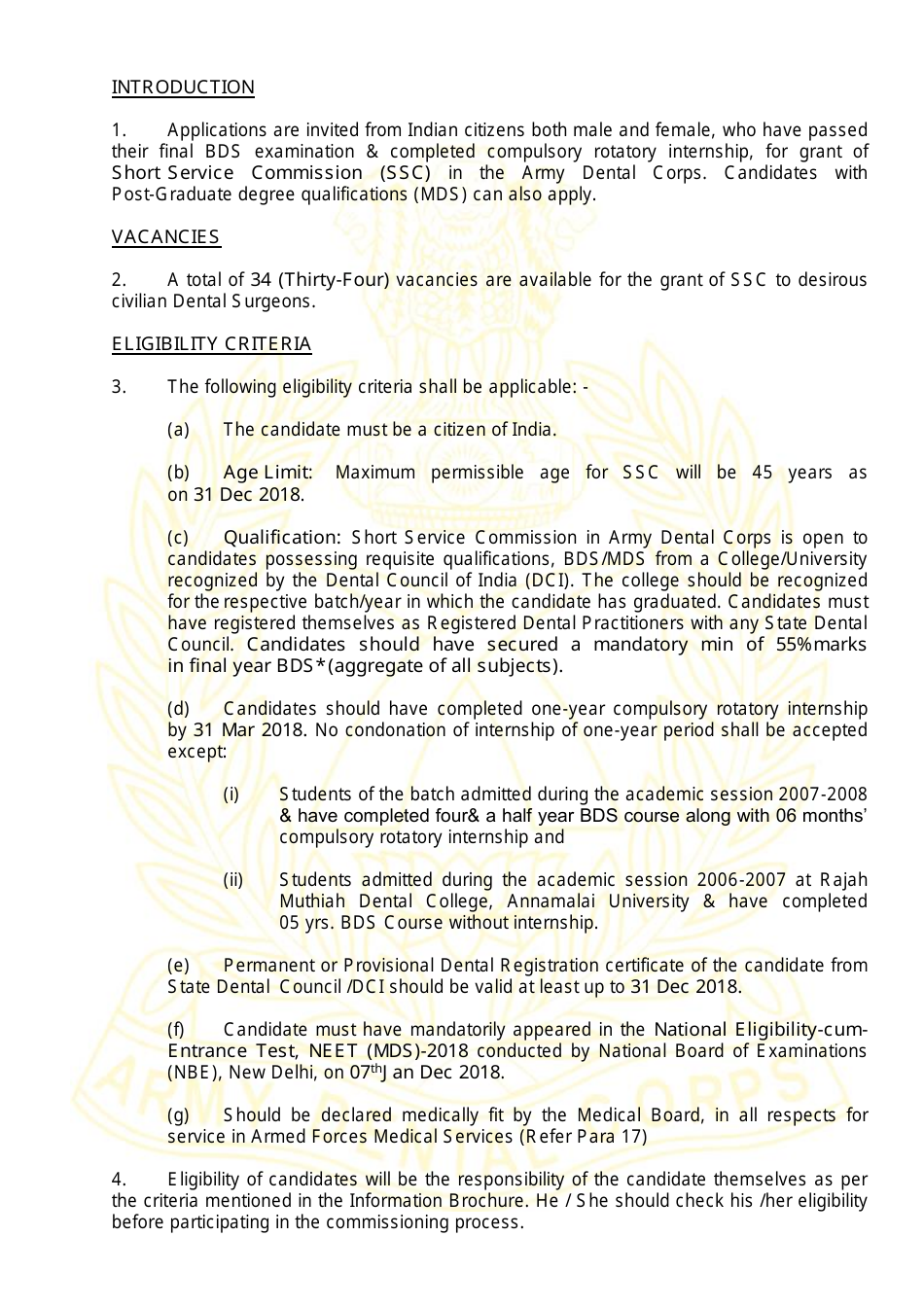 Application Form for Grant of Short Service Commission in Army Dental Corps - India, Page 3