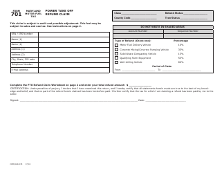 Form 701 &quot;Power Take off Refund Claim&quot; - Maryland