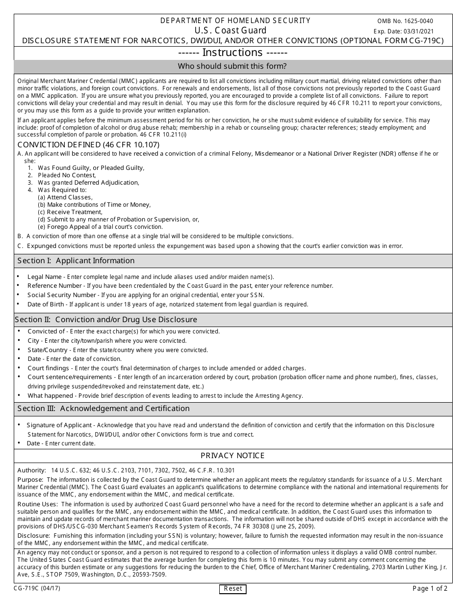 Form CG-719C - Fill Out, Sign Online and Download Fillable PDF ...