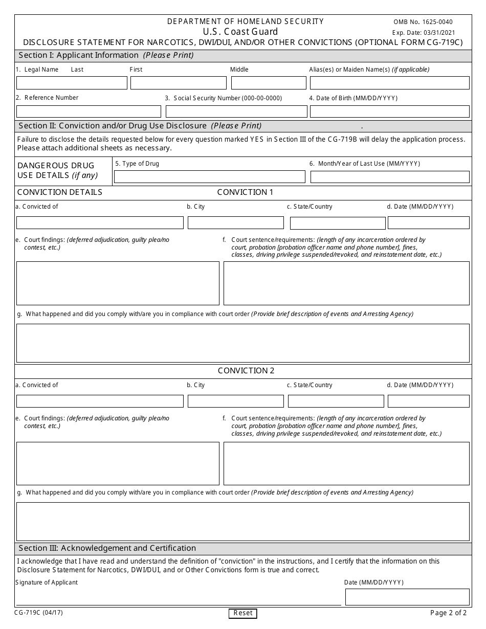 Form CG-719C Disclosure Statement for Narcotics, Dwi / Dui, and / or Other Convictions (Optional Form Cg-719c), Page 2