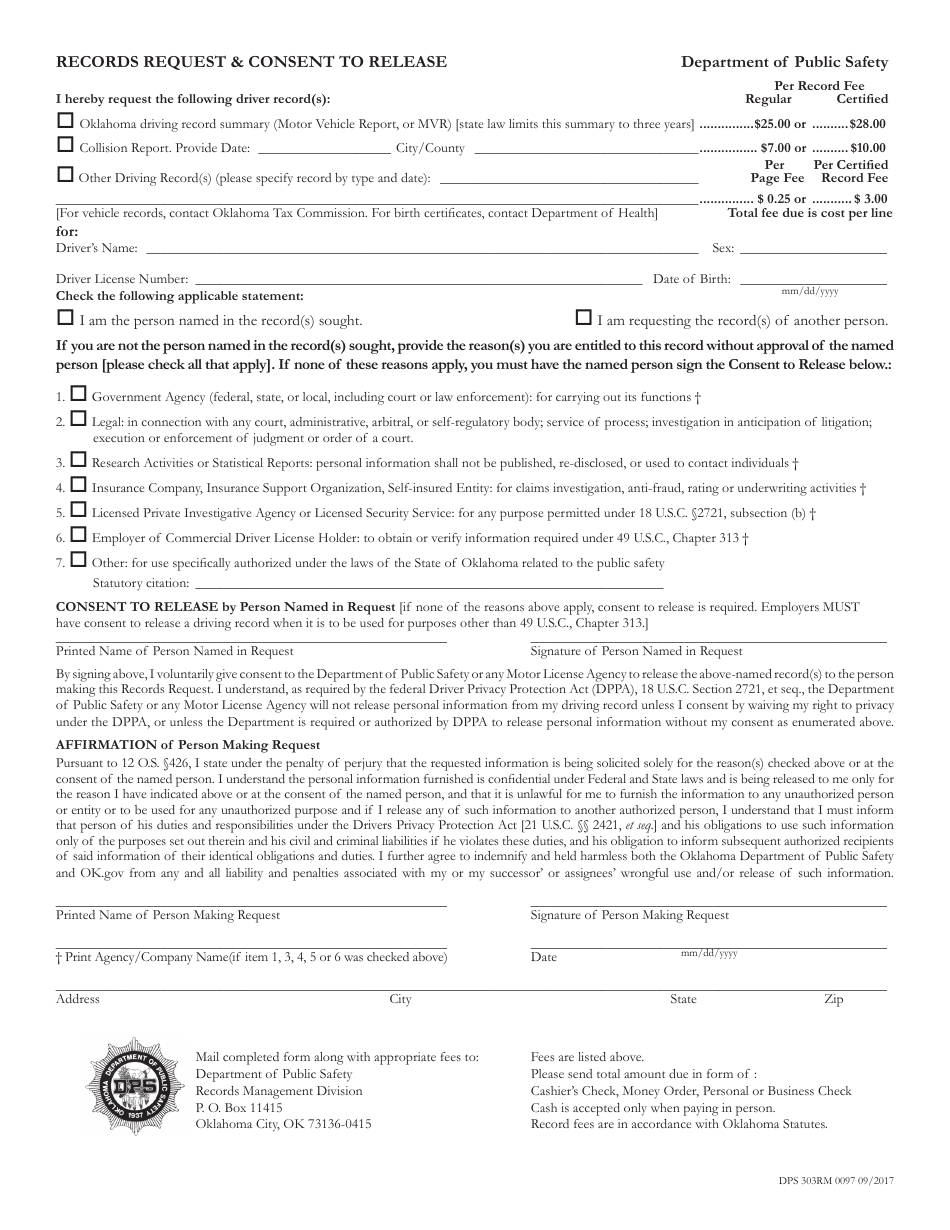 Form 303RM 0097 Records Request  Consent to Release - Oklahoma, Page 2