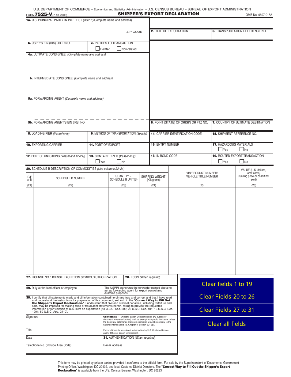 Form 7525-V Shippers Export Declaration, Page 1