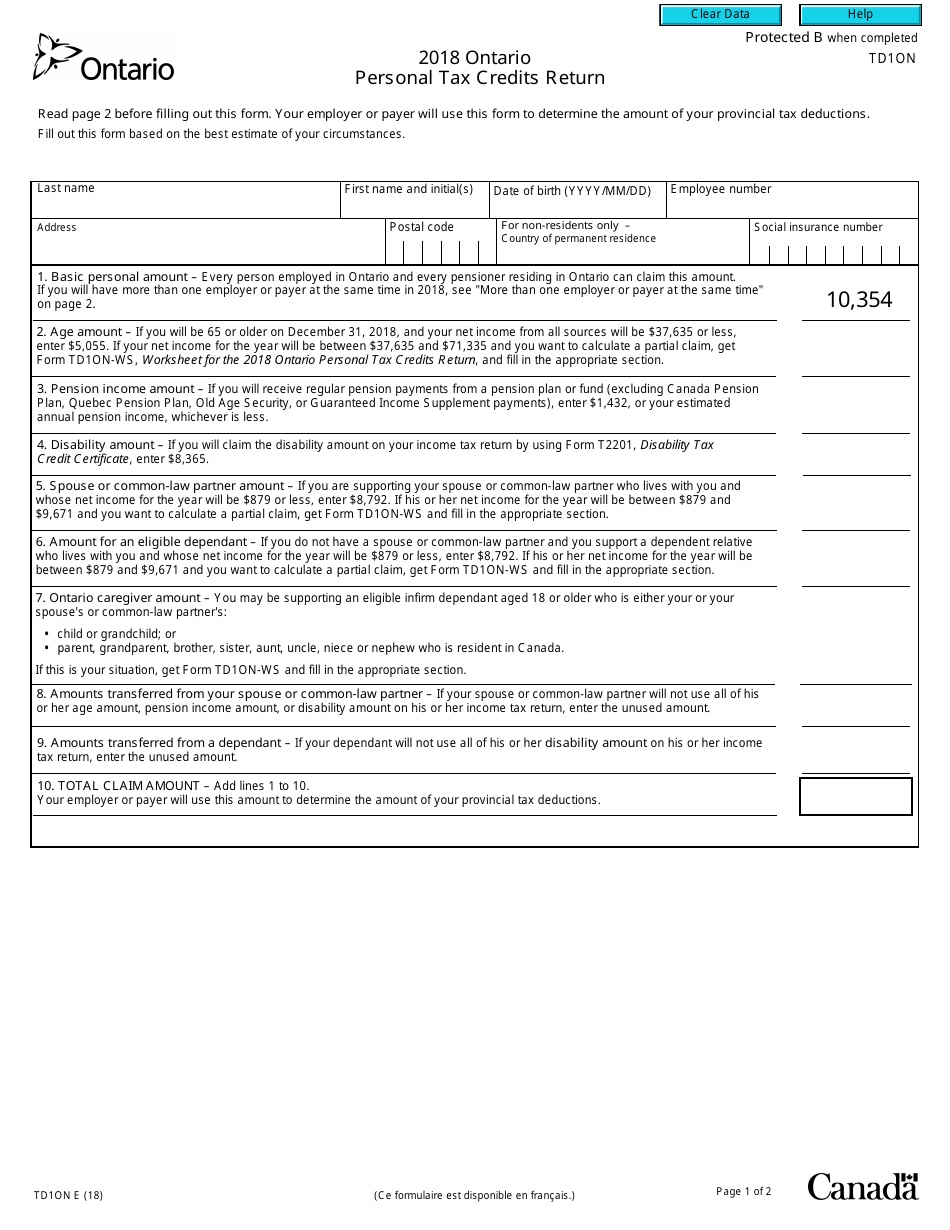 Form TD1ON Ontario Personal Tax Credits Return - Ontario, Canada, Page 1