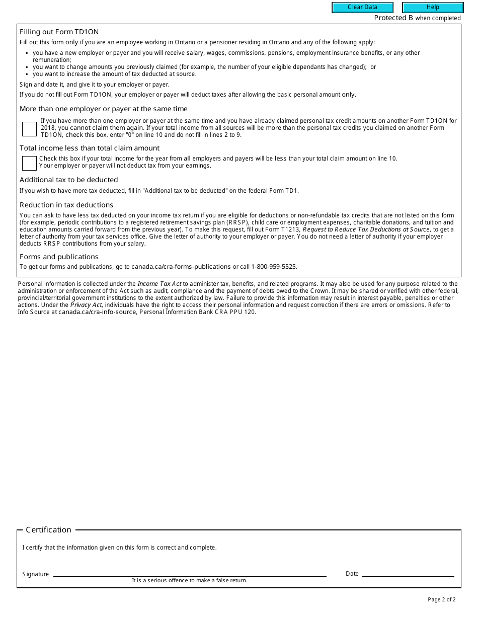 Form TD1ON 2018 Fill Out, Sign Online and Download Fillable PDF