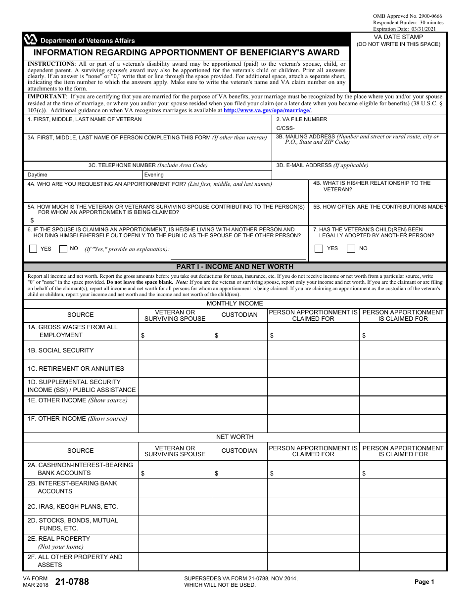 VA Form 21-0788 Information Regarding Apportionment of Beneficiarys Award, Page 1
