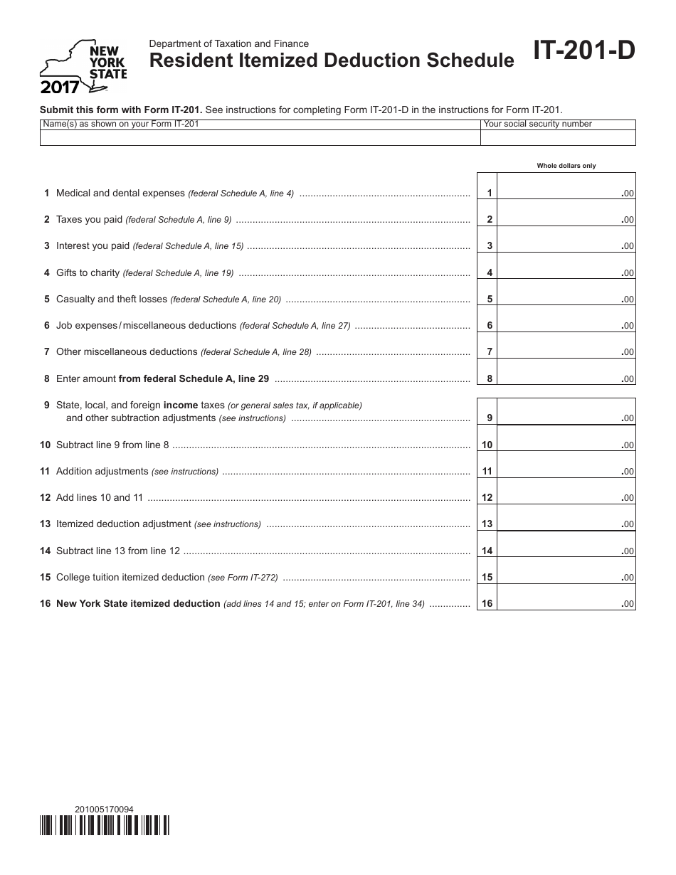 Form IT-201-D Resident Itemized Deduction Schedule - New York, Page 1