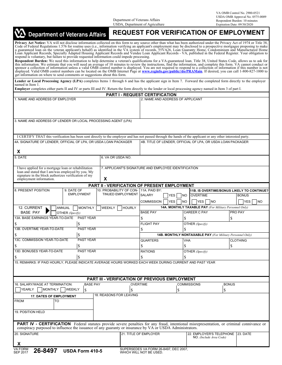 VA Form 26-8497 Request for Verification of Employment (Usda Form 410-5), Page 1
