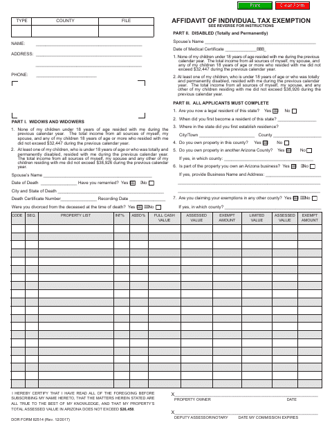 Form ADOR82514 Affidavit of Individual Tax Exemption - Arizona