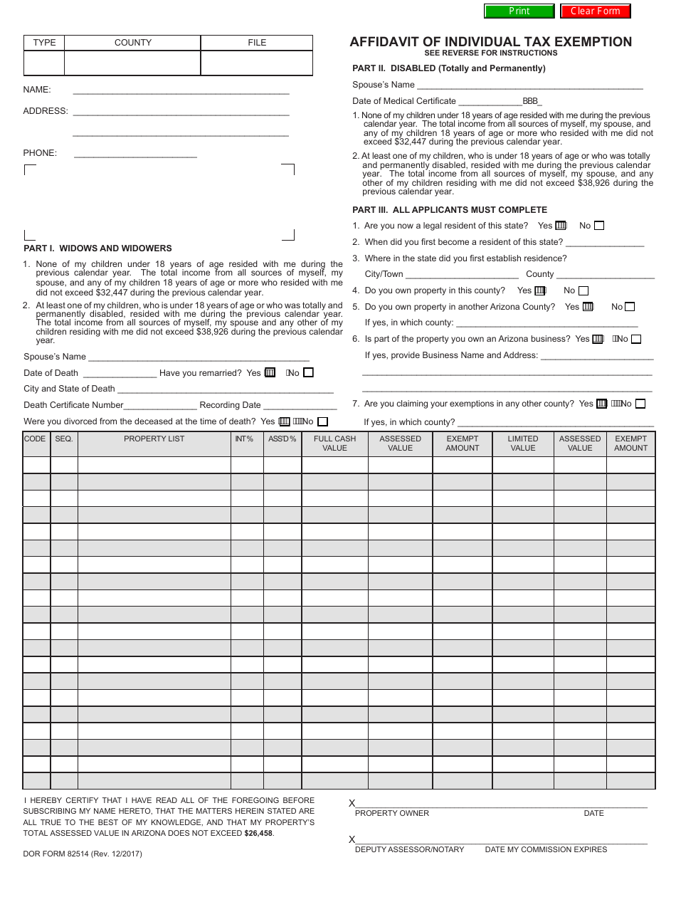 Form ADOR82514 Affidavit of Individual Tax Exemption - Arizona, Page 1
