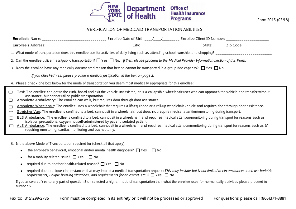 Form 2015 Verification of Medicaid Transportation Abilities - New York, Page 1