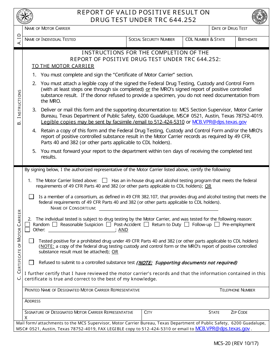 Form MCS-20 Report of Valid Positive Result on Drug Test Under Trc 644.252 - Texas, Page 1