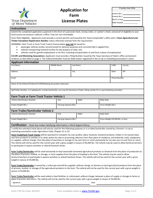 Form VTR-52-A Application for Farm License Plates - Texas